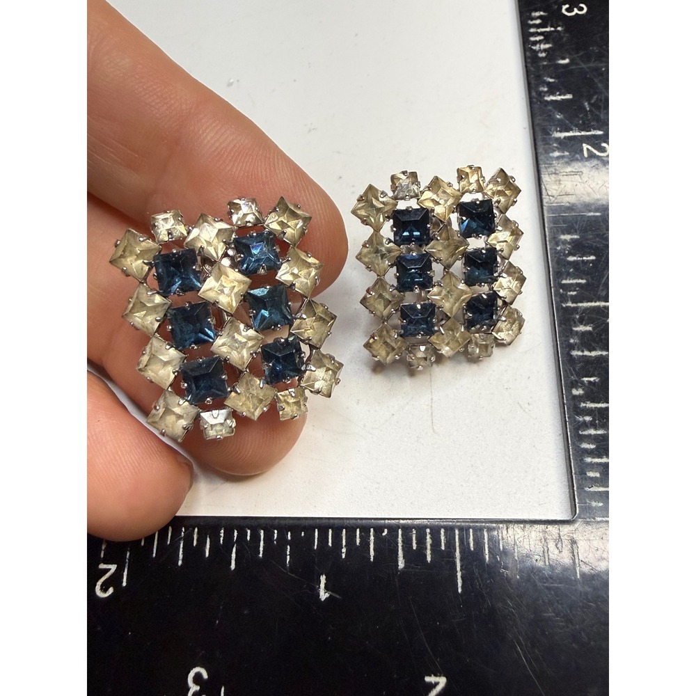 Scharelli Vintage Blue Clear Rhinestone Square Cluster Screw Back Earrings